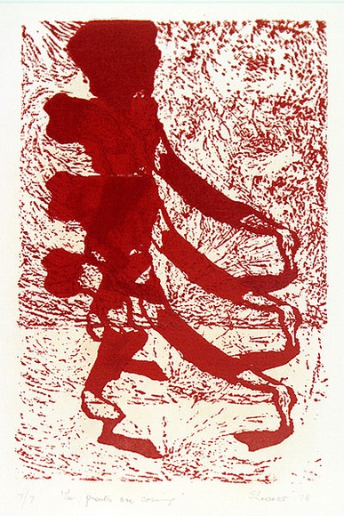 Artist: b'Shearer, Mitzi.' | Title: b'The giants are coming' | Date: 1978 | Technique: b'linocut, printed in red ink, from one block' Artist: b'Shearer, Mitzi.' | Title: b'The giants are coming' | Date: 1978 | Technique: b'linocut, printed in red ink, from one block'