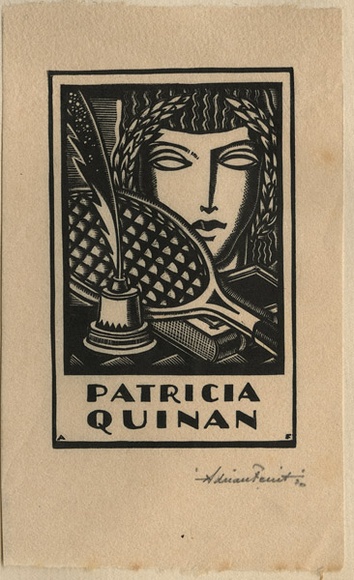 Artist: b'FEINT, Adrian' | Title: b'Bookplate: Patricia Quinan.' | Date: (1930) | Technique: b'wood-engraving, printed in black ink, from one block' | Copyright: b'Courtesy the Estate of Adrian Feint' Artist: b'FEINT, Adrian' | Title: b'Bookplate: Patricia Quinan.' | Date: (1930) | Technique: b'wood-engraving, printed in black ink, from one block' | Copyright: b'Courtesy the Estate of Adrian Feint'