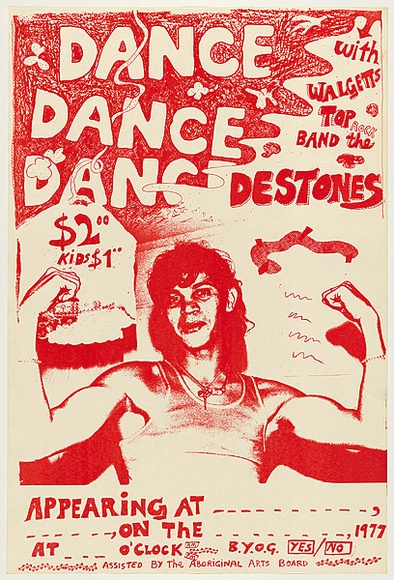 Artist: b'WORSTEAD, Paul' | Title: b'Wopper No.3 - Destones promo.' | Date: 1977 | Technique: b'screenprint, printed in colour, from one stencil' | Copyright: b'This work appears on screen courtesy of the artist' Artist: b'WORSTEAD, Paul' | Title: b'Wopper No.3 - Destones promo.' | Date: 1977 | Technique: b'screenprint, printed in colour, from one stencil' | Copyright: b'This work appears on screen courtesy of the artist'