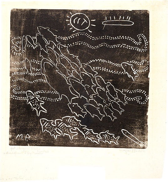 Artist: b'PRESTON, Margaret' | Title: b'Fish, Aboriginal design.' | Date: 1940 | Technique: b'woodcut, printed in black ink, from one block' | Copyright: b'\xc2\xa9 Margaret Preston. Licensed by VISCOPY, Australia' Artist: b'PRESTON, Margaret' | Title: b'Fish, Aboriginal design.' | Date: 1940 | Technique: b'woodcut, printed in black ink, from one block' | Copyright: b'\xc2\xa9 Margaret Preston. Licensed by VISCOPY, Australia'