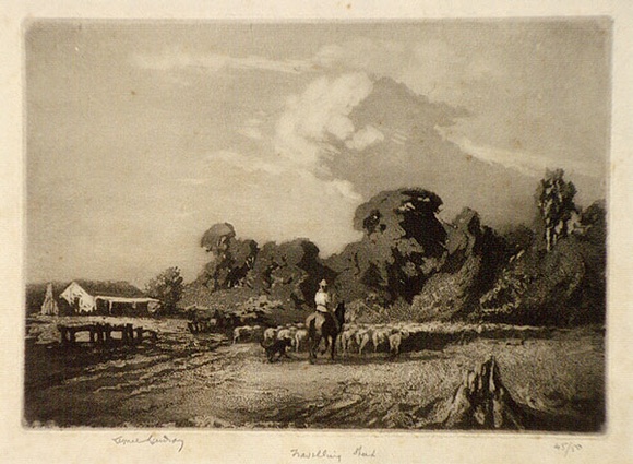 Artist: b'LINDSAY, Lionel' | Title: b'Travelling sheep' | Date: 1922 | Technique: b'aquatint, spirit-aquatint and burnishing, printed in black ink, from one plate' | Copyright: b'Courtesy of the National Library of Australia' Artist: b'LINDSAY, Lionel' | Title: b'Travelling sheep' | Date: 1922 | Technique: b'aquatint, spirit-aquatint and burnishing, printed in black ink, from one plate' | Copyright: b'Courtesy of the National Library of Australia'