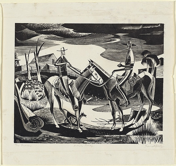 Artist: b'Jack, Kenneth.' | Title: b'The drovers' | Date: 1954 | Technique: b'engraving, printed in black ink, from one perspex block' | Copyright: b'\xc2\xa9 Kenneth Jack. Licensed by VISCOPY, Australia' Artist: b'Jack, Kenneth.' | Title: b'The drovers' | Date: 1954 | Technique: b'engraving, printed in black ink, from one perspex block' | Copyright: b'\xc2\xa9 Kenneth Jack. Licensed by VISCOPY, Australia'