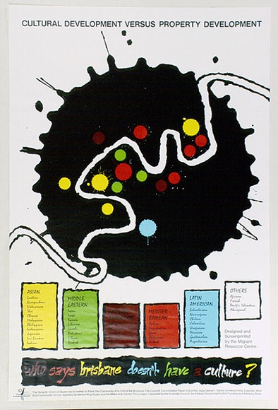 Artist: b'STANNARD, Christopher' | Title: bCultural Development Versus Property Development ... Who says Brisbane dosen't have a culture? | Date: 1989 | Technique: b'screenprint, printed in colour, from multiple screens' Artist: b'STANNARD, Christopher' | Title: bCultural Development Versus Property Development ... Who says Brisbane dosen't have a culture? | Date: 1989 | Technique: b'screenprint, printed in colour, from multiple screens'