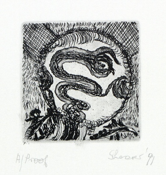 Artist: b'Shearer, Mitzi.' | Title: b'not titled' | Date: 1991 | Technique: b'etching, printed in black ink with plate-tone, from one plate' Artist: b'Shearer, Mitzi.' | Title: b'not titled' | Date: 1991 | Technique: b'etching, printed in black ink with plate-tone, from one plate'