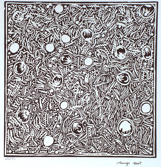 Artist: b'STREET, Mervyn' | Title: b'Bush foods with lots of seeds' | Date: 1999, July | Technique: b'linocut, printed in black ink, from one block' Artist: b'STREET, Mervyn' | Title: b'Bush foods with lots of seeds' | Date: 1999, July | Technique: b'linocut, printed in black ink, from one block'