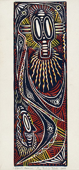 Artist: b'Yobale, Philip.' | Title: b'Spirit dance' | Date: 2000 | Technique: b'linocut, printed in colour, from three blocks' Artist: b'Yobale, Philip.' | Title: b'Spirit dance' | Date: 2000 | Technique: b'linocut, printed in colour, from three blocks'