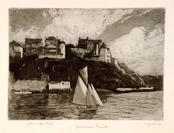 Artist: b'LINDSAY, Lionel' | Title: b'Mosman Point' | Date: 1917 | Technique: b'etching and aquatint, printed in black ink, from one plate' | Copyright: b'Courtesy of the National Library of Australia' Artist: b'LINDSAY, Lionel' | Title: b'Mosman Point' | Date: 1917 | Technique: b'etching and aquatint, printed in black ink, from one plate' | Copyright: b'Courtesy of the National Library of Australia'