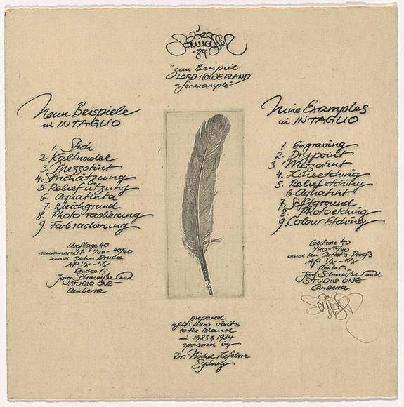 Artist: b'SCHMEISSER, Jorg' | Title: b'Information sheet' | Date: 1984 | Technique: b'photo-etching and etching, printed in black ink, from one plate' | Copyright: b'\xc2\xa9 J\xc3\xb6rg Schmeisser' Artist: b'SCHMEISSER, Jorg' | Title: b'Information sheet' | Date: 1984 | Technique: b'photo-etching and etching, printed in black ink, from one plate' | Copyright: b'\xc2\xa9 J\xc3\xb6rg Schmeisser'