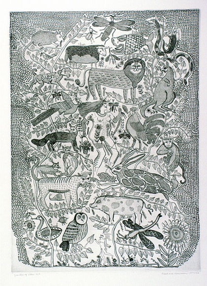 Artist: b'HANRAHAN, Barbara' | Title: b'Garden of Eden' | Date: 1977-1986 | Technique: b'etching, printed in colour with plate-tone, from one plate' Artist: b'HANRAHAN, Barbara' | Title: b'Garden of Eden' | Date: 1977-1986 | Technique: b'etching, printed in colour with plate-tone, from one plate'