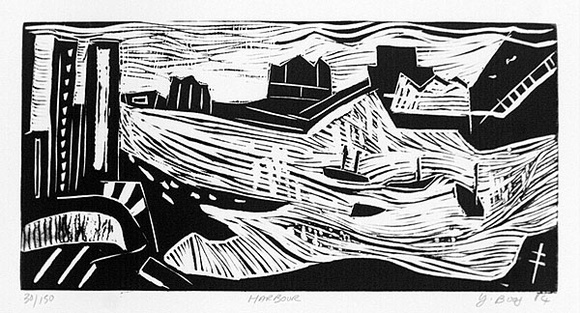 Artist: b'Boag, Yvonne.' | Title: b'Harbour.' | Date: 1984 | Technique: b'linocut, printed in black ink, from one block' | Copyright: b'\xc2\xa9 Yvonne Boag' Artist: b'Boag, Yvonne.' | Title: b'Harbour.' | Date: 1984 | Technique: b'linocut, printed in black ink, from one block' | Copyright: b'\xc2\xa9 Yvonne Boag'