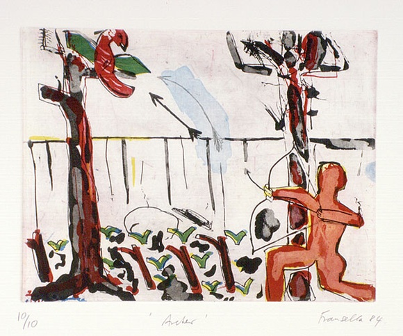 Artist: b'Fransella, Graham.' | Title: b'Archer.' | Date: 1984 | Technique: b'etching and aquatint printed in colour' | Copyright: b'Courtesy of the artist' Artist: b'Fransella, Graham.' | Title: b'Archer.' | Date: 1984 | Technique: b'etching and aquatint printed in colour' | Copyright: b'Courtesy of the artist'