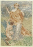 Artist: BUNNY, Rupert | Title: [Pan and nymph]. | Date: c.1905 | Technique: monotype, printed in colour, from one zinc plate