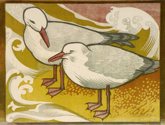 Artist: b'Higgs, Florence.' | Title: b'Gulls' | Date: (1956) | Technique: b'linocut, printed in colour, from four blocks' Artist: b'Higgs, Florence.' | Title: b'Gulls' | Date: (1956) | Technique: b'linocut, printed in colour, from four blocks'