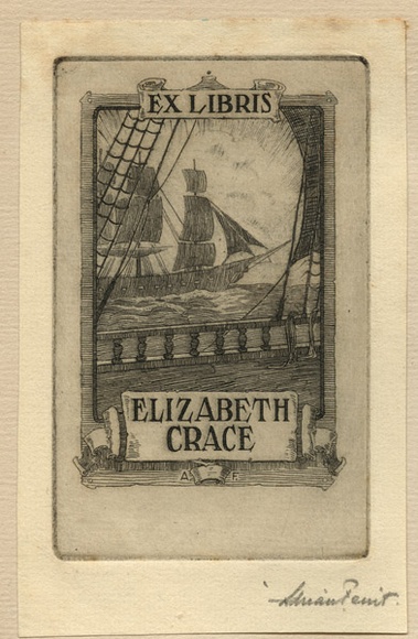 Artist: b'FEINT, Adrian' | Title: b'Bookplate: Elizabeth Crace.' | Date: (1922) | Technique: b'etching, printed in black ink with plate-tone, from one plate' | Copyright: b'Courtesy the Estate of Adrian Feint' Artist: b'FEINT, Adrian' | Title: b'Bookplate: Elizabeth Crace.' | Date: (1922) | Technique: b'etching, printed in black ink with plate-tone, from one plate' | Copyright: b'Courtesy the Estate of Adrian Feint'