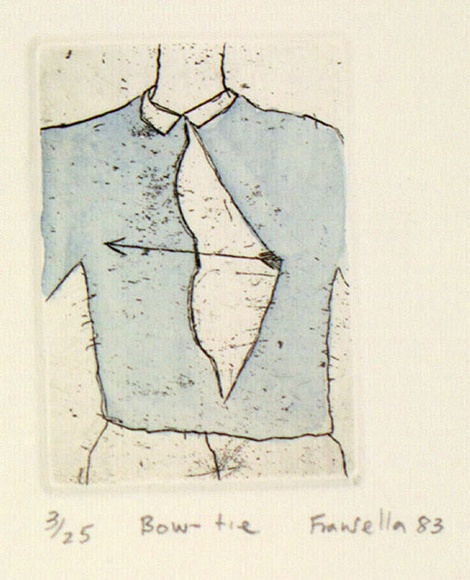 Artist: b'Fransella, Graham.' | Title: b'Bow-tie.' | Date: 1983 | Technique: b'etching, printed in black ink, from one plate; hand-coloured' | Copyright: b'Courtesy of the artist' Artist: b'Fransella, Graham.' | Title: b'Bow-tie.' | Date: 1983 | Technique: b'etching, printed in black ink, from one plate; hand-coloured' | Copyright: b'Courtesy of the artist'