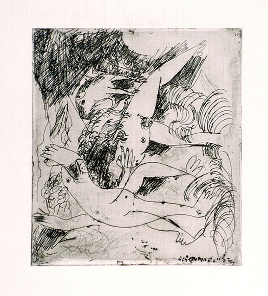 Artist: b'BOYD, Arthur' | Title: b'Figure in a river with beast and dog.' | Date: (1962-63) | Technique: b'etching and drypoint, printed in black ink, from one plate' | Copyright: b'Reproduced with permission of Bundanon Trust' Artist: b'BOYD, Arthur' | Title: b'Figure in a river with beast and dog.' | Date: (1962-63) | Technique: b'etching and drypoint, printed in black ink, from one plate' | Copyright: b'Reproduced with permission of Bundanon Trust'