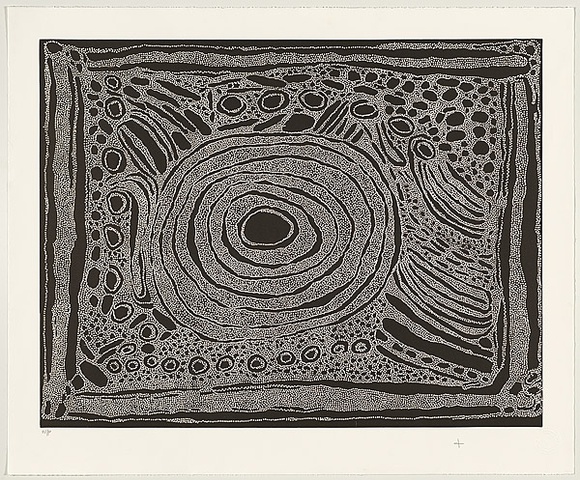 Title: b'Untitled waterholes (black dots)' | Date: November 2009 | Technique: b'relief print, printed in black ink, from one lino block and two medium density fibre (MDF) boards' Title: b'Untitled waterholes (black dots)' | Date: November 2009 | Technique: b'relief print, printed in black ink, from one lino block and two medium density fibre (MDF) boards'