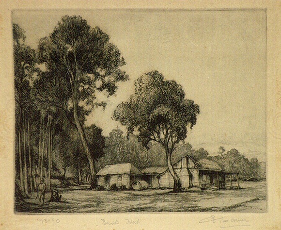 Artist: b'Warner, Alfred Edward.' | Title: b'Bush hut' | Date: 1930s | Technique: b'etching, printed in blue ink, from one plate' Artist: b'Warner, Alfred Edward.' | Title: b'Bush hut' | Date: 1930s | Technique: b'etching, printed in blue ink, from one plate'