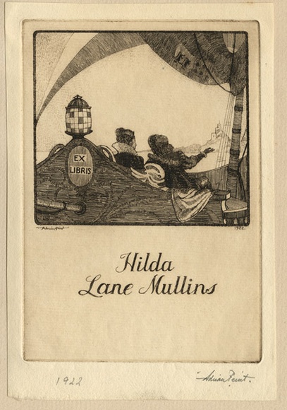 Artist: b'FEINT, Adrian' | Title: b'Bookplate: Hilda Lane Mullins.' | Date: 1922 | Technique: b'etching, printed in brown ink with plate-tone, from one plate' | Copyright: b'Courtesy the Estate of Adrian Feint' Artist: b'FEINT, Adrian' | Title: b'Bookplate: Hilda Lane Mullins.' | Date: 1922 | Technique: b'etching, printed in brown ink with plate-tone, from one plate' | Copyright: b'Courtesy the Estate of Adrian Feint'