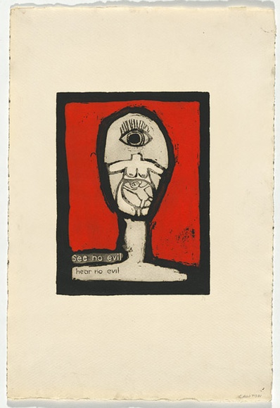 Artist: b'LAWTON, Tina' | Title: b'See no evil, hear no evil' | Date: 1968 | Technique: b'etching, printed in colour, from multiple plates' Artist: b'LAWTON, Tina' | Title: b'See no evil, hear no evil' | Date: 1968 | Technique: b'etching, printed in colour, from multiple plates'