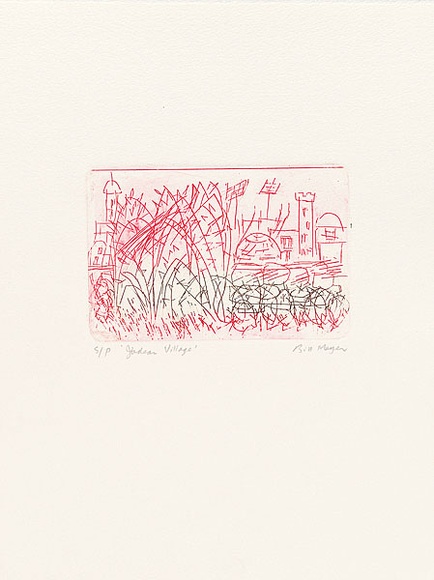 Artist: b'MEYER, Bill' | Title: b'Judean village' | Date: 1992 | Technique: b'etching, printed in red and black ink a la poup\xc3\xa9e, from one zinc plate' | Copyright: b'\xc2\xa9 Bill Meyer' Artist: b'MEYER, Bill' | Title: b'Judean village' | Date: 1992 | Technique: b'etching, printed in red and black ink a la poup\xc3\xa9e, from one zinc plate' | Copyright: b'\xc2\xa9 Bill Meyer'