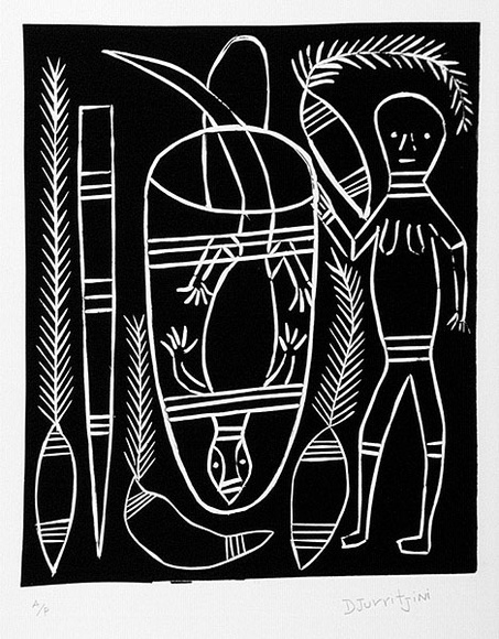 Artist: b'Djurritjini, Charlie.' | Title: b'not titled' | Date: c.1992 | Technique: b'linocut, printed in black ink, from one block' Artist: b'Djurritjini, Charlie.' | Title: b'not titled' | Date: c.1992 | Technique: b'linocut, printed in black ink, from one block'
