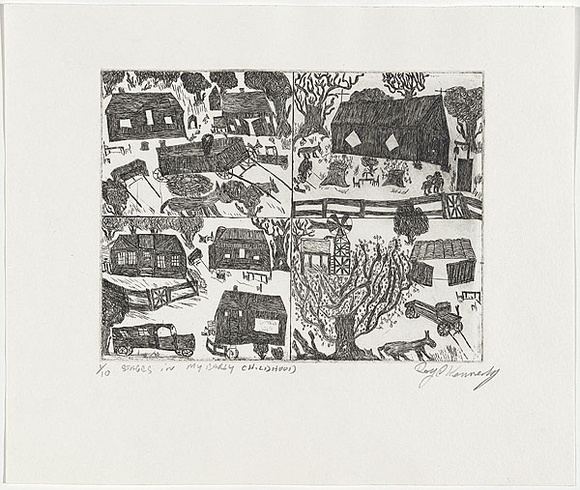 Artist: b'Kennedy, Roy.' | Title: b'Stages in my early childhood' | Date: 2002 | Technique: b'etching, printed in black ink, from one plate' Artist: b'Kennedy, Roy.' | Title: b'Stages in my early childhood' | Date: 2002 | Technique: b'etching, printed in black ink, from one plate'