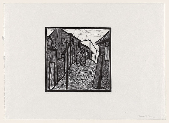 Artist: b'Groblicka, Lidia.' | Title: b'Small town' | Date: 1957 | Technique: b'woodcut, printed in black ink, from one block' Artist: b'Groblicka, Lidia.' | Title: b'Small town' | Date: 1957 | Technique: b'woodcut, printed in black ink, from one block'