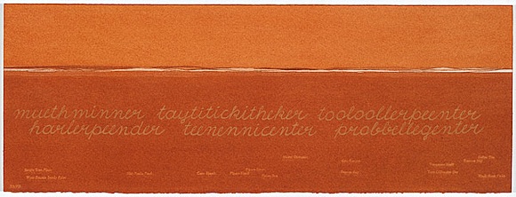 Artist: b'MADDOCK, Bea' | Title: b'Terra Spiritus...with a darker shade of pale' | Date: 1993-98 | Technique: b'stencil print, printed in hand-ground Launceston ochre from multiple hand-cut mylar stencils; letterpress text blind printed; hand-drawn script' Artist: b'MADDOCK, Bea' | Title: b'Terra Spiritus...with a darker shade of pale' | Date: 1993-98 | Technique: b'stencil print, printed in hand-ground Launceston ochre from multiple hand-cut mylar stencils; letterpress text blind printed; hand-drawn script'