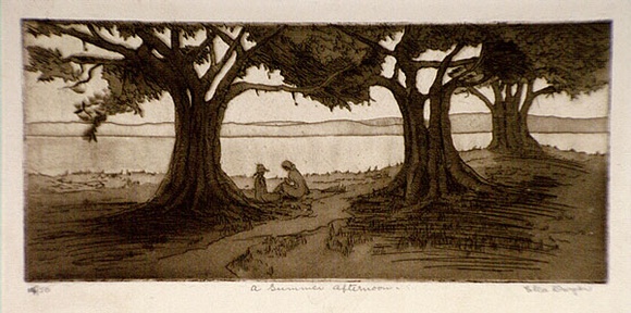 Artist: b'Dwyer, Ella.' | Title: b'A summer afternoon.' | Date: c.1930 | Technique: b'etching and aquatint, printed in brown ink with plate-tone, from one plate' Artist: b'Dwyer, Ella.' | Title: b'A summer afternoon.' | Date: c.1930 | Technique: b'etching and aquatint, printed in brown ink with plate-tone, from one plate'