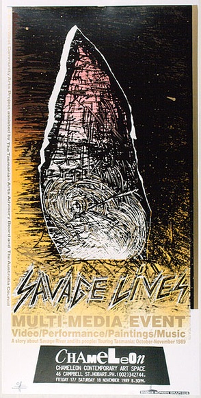 Artist: b'ARNOLD, Raymond' | Title: b'Savage lives. Multi-media event. video/Performance/Paintings/Music...Comming soon.' | Date: 1989 | Technique: b'screenprint, printed in colour, from multiple stencils'