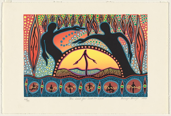 Artist: b'Bancroft, Bronwyn.' | Title: b'This land, your land, our land.' | Date: 1994 | Technique: b'screenprint, printed in colour, from multiple screens' | Copyright: b'\xc2\xa9 Bronwyn Bancroft. Licensed by VISCOPY, Australia' Artist: b'Bancroft, Bronwyn.' | Title: b'This land, your land, our land.' | Date: 1994 | Technique: b'screenprint, printed in colour, from multiple screens' | Copyright: b'\xc2\xa9 Bronwyn Bancroft. Licensed by VISCOPY, Australia'