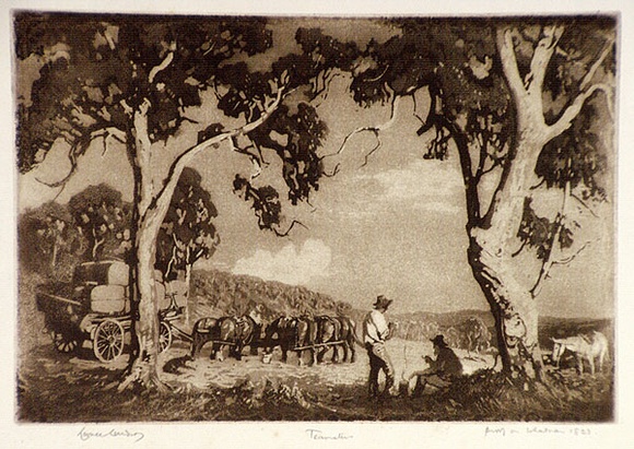 Artist: b'LINDSAY, Lionel' | Title: b'The teamsters' | Date: 1923 | Technique: b'roulette and aquatint, printed in brown ink, from one plate' | Copyright: b'Courtesy of the National Library of Australia' Artist: b'LINDSAY, Lionel' | Title: b'The teamsters' | Date: 1923 | Technique: b'roulette and aquatint, printed in brown ink, from one plate' | Copyright: b'Courtesy of the National Library of Australia'