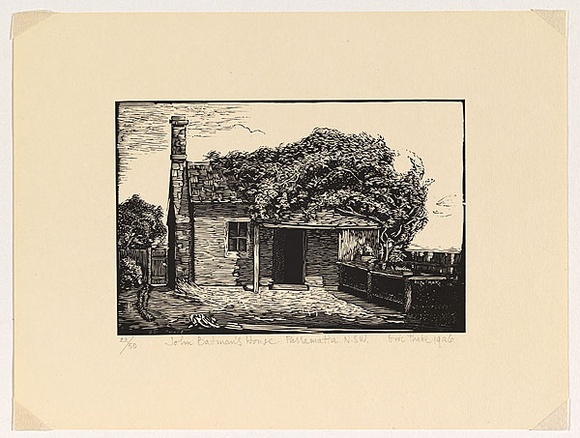 Artist: b'Thake, Eric.' | Title: bJohn Batman's House, Parramatta, N.S.W. | Date: 1926 | Technique: b'linocut, printed in black ink, from one block' Artist: b'Thake, Eric.' | Title: bJohn Batman's House, Parramatta, N.S.W. | Date: 1926 | Technique: b'linocut, printed in black ink, from one block'