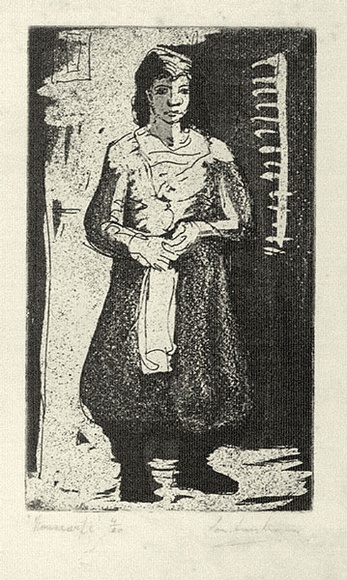 Artist: b'Armstrong, Ian.' | Title: b'Housewife.' | Date: 1958 | Technique: b'etching and aquatint, printed in purple/black ink, from one plate' Artist: b'Armstrong, Ian.' | Title: b'Housewife.' | Date: 1958 | Technique: b'etching and aquatint, printed in purple/black ink, from one plate'