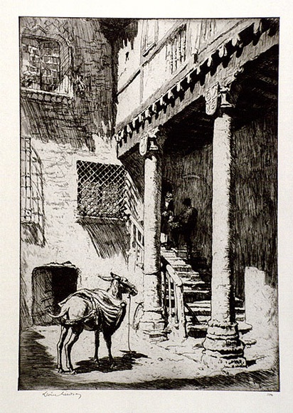 Artist: LINDSAY, Lionel | Title: Courtyard, Segovia | Date: 1929 | Technique: etching, printed in brown ink with plate-tone, from one plate | Copyright: Courtesy of the National Library of Australia