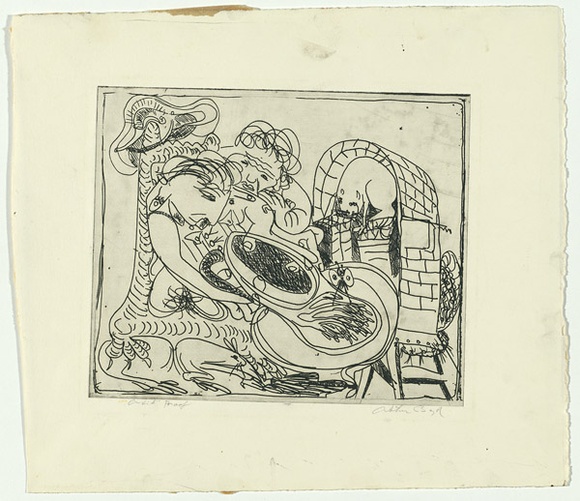 Artist: b'BOYD, Arthur' | Title: b'Potter, wife and cat in kiln.' | Date: (1968-69) | Technique: b'etching, printed in black ink, from one plate' | Copyright: b'Reproduced with permission of Bundanon Trust' Artist: b'BOYD, Arthur' | Title: b'Potter, wife and cat in kiln.' | Date: (1968-69) | Technique: b'etching, printed in black ink, from one plate' | Copyright: b'Reproduced with permission of Bundanon Trust'