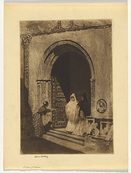 Artist: LINDSAY, Lionel | Title: Ladies of Spain | Date: 1919 | Technique: spirit-aquatint, printed in brown ink, from one plate | Copyright: Courtesy of the National Library of Australia Artist: LINDSAY, Lionel | Title: Ladies of Spain | Date: 1919 | Technique: spirit-aquatint, printed in brown ink, from one plate | Copyright: Courtesy of the National Library of Australia