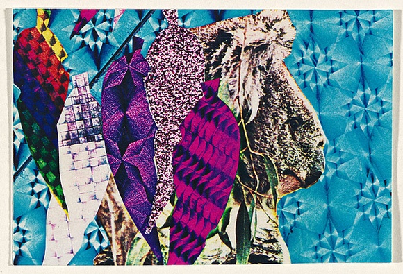 Artist: b'McDiarmid, David.' | Title: b'Postcard (Koala and gum leaves)' | Date: 1985 | Technique: b'screenprint, collage' | Copyright: b'Courtesy of copyright owner, Merlene Gibson (sister)' Artist: b'McDiarmid, David.' | Title: b'Postcard (Koala and gum leaves)' | Date: 1985 | Technique: b'screenprint, collage' | Copyright: b'Courtesy of copyright owner, Merlene Gibson (sister)'