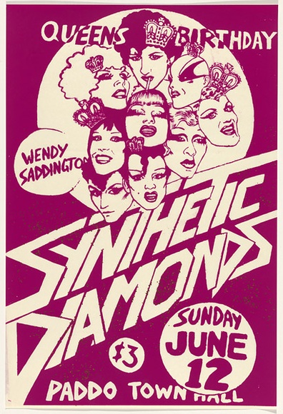 Artist: b'UNKNOWN' | Title: bQueen's Birthday. Synthetic Diamonds...Paddo Town Hall. | Date: 1977 | Technique: b'screenprint, printed in purple ink, from one stencil' Artist: b'UNKNOWN' | Title: bQueen's Birthday. Synthetic Diamonds...Paddo Town Hall. | Date: 1977 | Technique: b'screenprint, printed in purple ink, from one stencil'