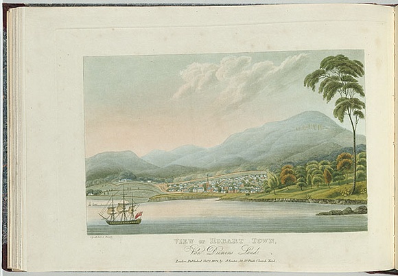 Artist: b'Lycett, Joseph.' | Title: bView of Hobart Town, Van Diemen's Land. | Date: 1824 | Technique: b'etching and aquatint, printed in black ink, from one copper plate; hand-coloured' Artist: b'Lycett, Joseph.' | Title: bView of Hobart Town, Van Diemen's Land. | Date: 1824 | Technique: b'etching and aquatint, printed in black ink, from one copper plate; hand-coloured'