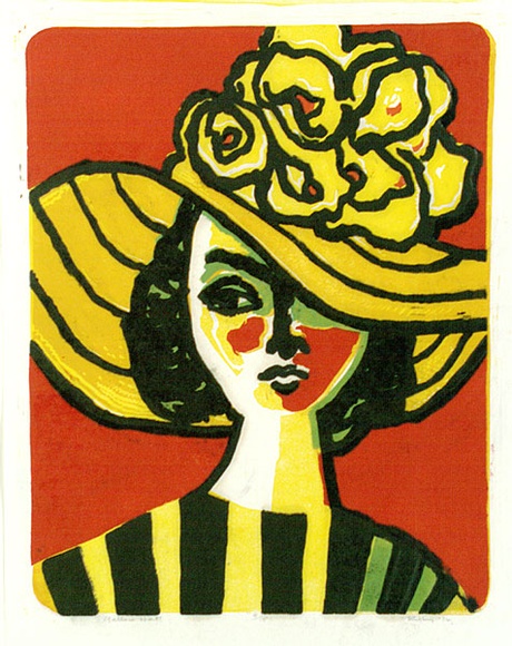 Artist: b'Rigby, John.' | Title: b'Yellow hat' | Date: 1974 | Technique: b'linocut, printed in colour, from five blocks' | Copyright: b'This work appears on screen courtesy of the artist, John T. Rigby' Artist: b'Rigby, John.' | Title: b'Yellow hat' | Date: 1974 | Technique: b'linocut, printed in colour, from five blocks' | Copyright: b'This work appears on screen courtesy of the artist, John T. Rigby'