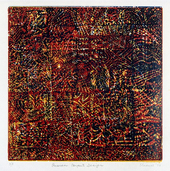 Artist: b'Shearer, Mitzi.' | Title: b'Persian carpet design' | Date: 1978 | Technique: b'linocut, printed in colour, from three blocks' Artist: b'Shearer, Mitzi.' | Title: b'Persian carpet design' | Date: 1978 | Technique: b'linocut, printed in colour, from three blocks'