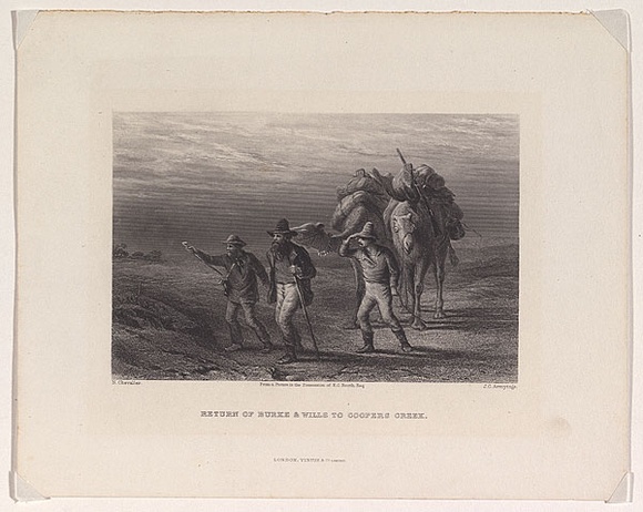 Artist: b'Chevalier, Nicholas.' | Title: b'Return of Burke and Wills to Coopers Creek.' | Date: 1873-76 | Technique: b'engraving, printed in black ink, from one steel plate' Artist: b'Chevalier, Nicholas.' | Title: b'Return of Burke and Wills to Coopers Creek.' | Date: 1873-76 | Technique: b'engraving, printed in black ink, from one steel plate'