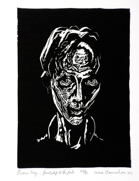 Artist: b'Counihan, Noel.' | Title: b'Brace-boy ... first step to the pits.' | Date: 1947 | Technique: b'linocut, printed in black ink, from one block' Artist: b'Counihan, Noel.' | Title: b'Brace-boy ... first step to the pits.' | Date: 1947 | Technique: b'linocut, printed in black ink, from one block'
