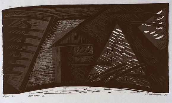 Artist: b'Marshall, Jennifer.' | Title: b'Mansart I [?]' | Date: 1993 | Technique: b'linocut, printed in black and grey ink, from two blocks'