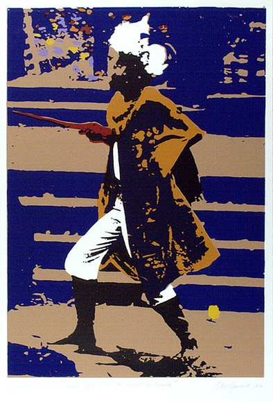 Artist: b'Upward, Peter.' | Title: b'Sadewa fights for his life against the Rangda' | Date: 1974 | Technique: b'screenprint, printed in colour, from nine stencils' Artist: b'Upward, Peter.' | Title: b'Sadewa fights for his life against the Rangda' | Date: 1974 | Technique: b'screenprint, printed in colour, from nine stencils'