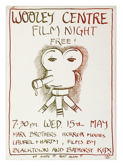 Artist: b'LITTLE, Colin' | Title: b'Wooley Centre - Film Night' | Technique: b'screenprint, printed in colour, from multiple stencils' Artist: b'LITTLE, Colin' | Title: b'Wooley Centre - Film Night' | Technique: b'screenprint, printed in colour, from multiple stencils'