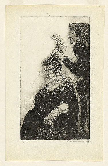 Artist: b'WILLIAMS, Fred' | Title: b'The haircut' | Date: 1955-56 | Technique: b'etching, aquatint, drypoint, foul biting, printed in black ink, from one zinc plate; pen and ink' | Copyright: b'\xc2\xa9 Fred Williams Estate' Artist: b'WILLIAMS, Fred' | Title: b'The haircut' | Date: 1955-56 | Technique: b'etching, aquatint, drypoint, foul biting, printed in black ink, from one zinc plate; pen and ink' | Copyright: b'\xc2\xa9 Fred Williams Estate'