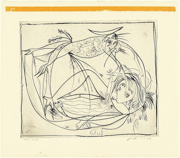 Artist: b'BOYD, Arthur' | Title: b'Nude unveiled by a dog.' | Date: (1962-63) | Technique: b'drypoint, printed in black ink, from one plate' | Copyright: b'Reproduced with permission of Bundanon Trust' Artist: b'BOYD, Arthur' | Title: b'Nude unveiled by a dog.' | Date: (1962-63) | Technique: b'drypoint, printed in black ink, from one plate' | Copyright: b'Reproduced with permission of Bundanon Trust'